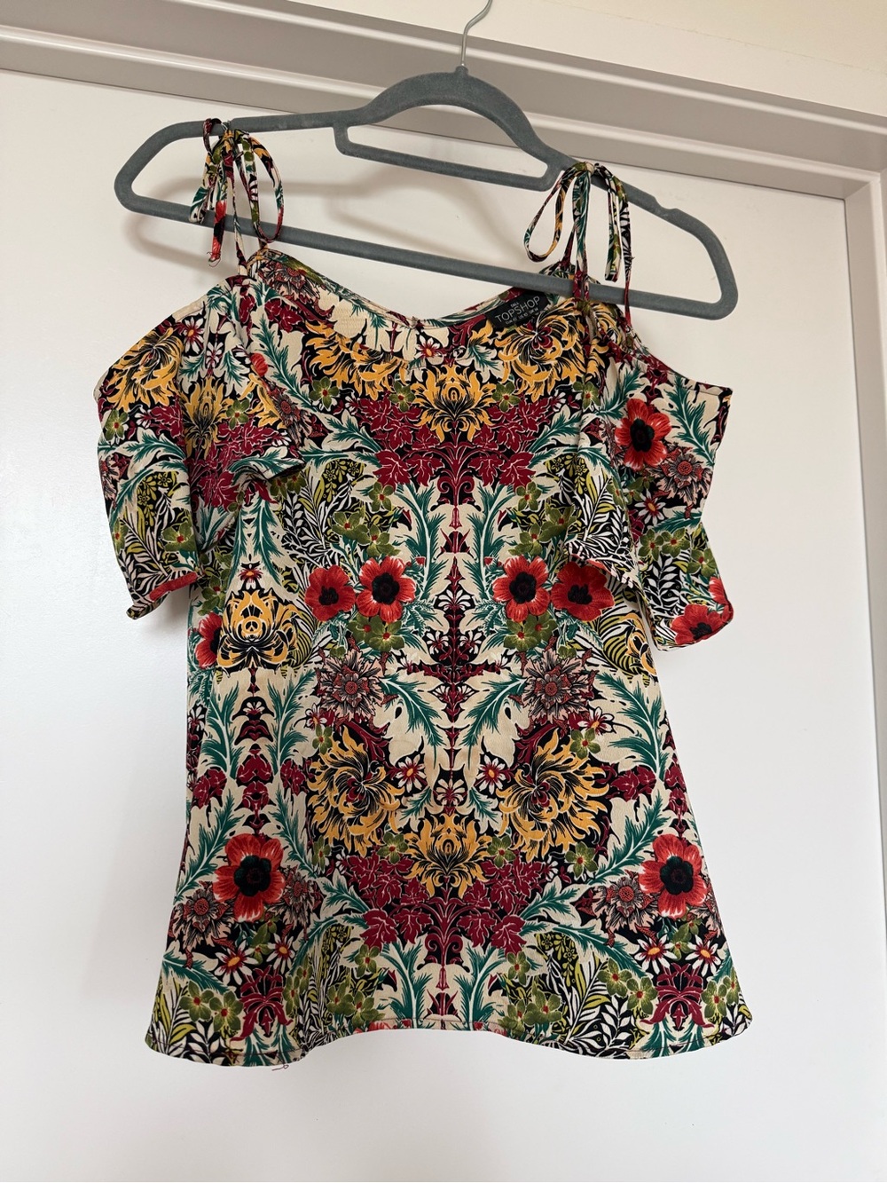 Topshop Floral Tie-Strap Camisole in Red, Green, Yellow on Cream